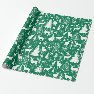 Green And White Woodland Forest Reindeer Wrapping Paper