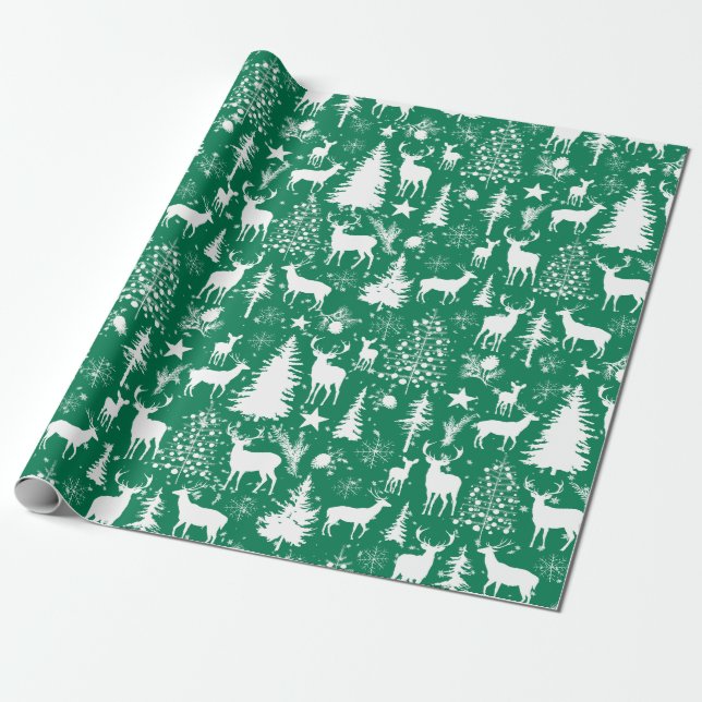 Green And White Woodland Forest Reindeer Wrapping Paper (Unrolled)