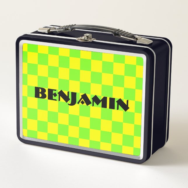 Green and Yellow 90s Chequerboard Design Metal Lunch Box (Front)