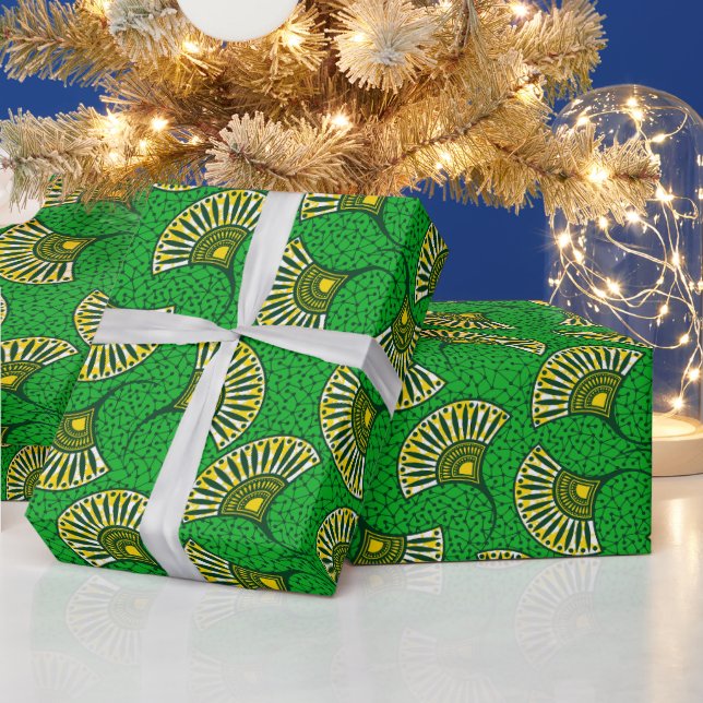 Green And Yellow Ankara Fan Print Wrapping Paper (Holidays)