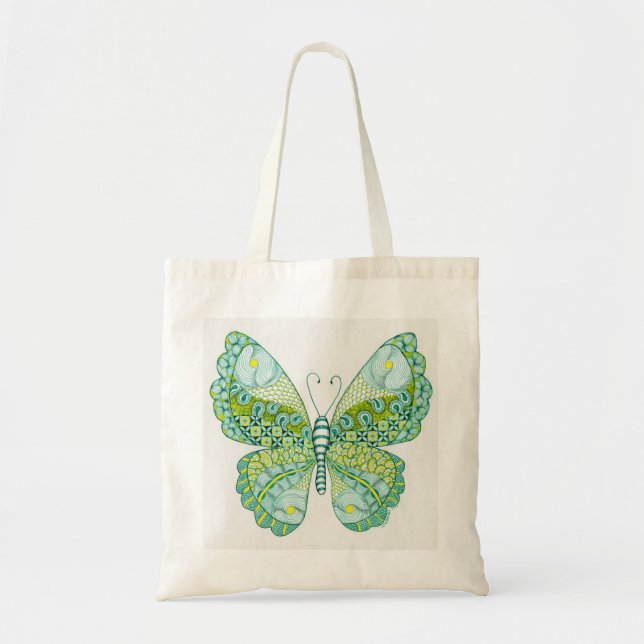 Green and Yellow Butterfly Tote Bag (Front)