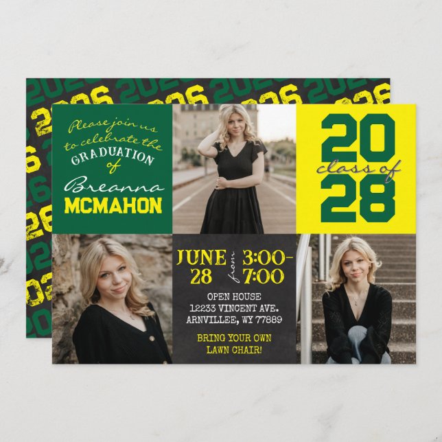 Green and Yellow Chalkboard 3 Photo Graduation Invitation (Front/Back)