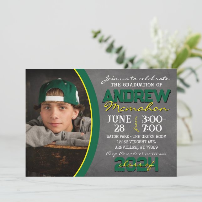 Green and Yellow Chalkboard Graduation Invitation (Standing Front)
