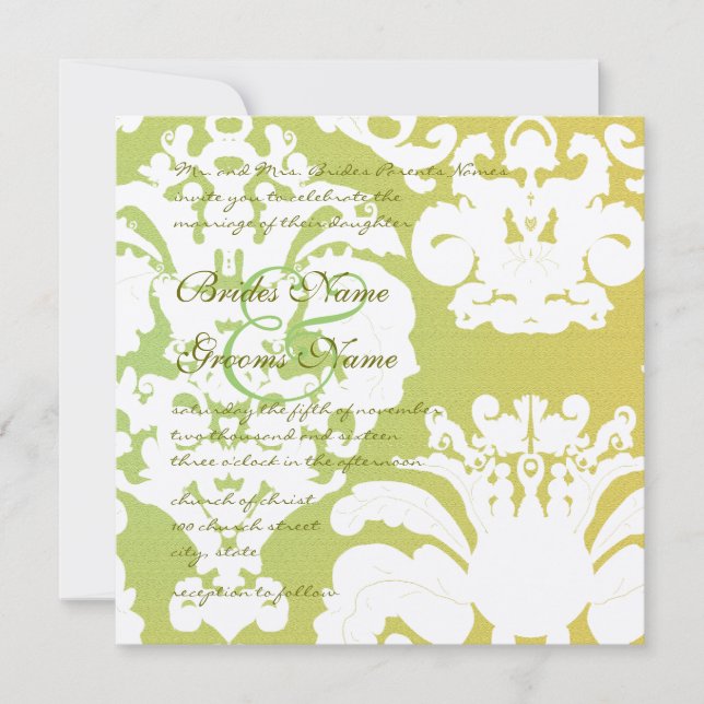 Green and Yellow Damask Wedding Invitations (Front)