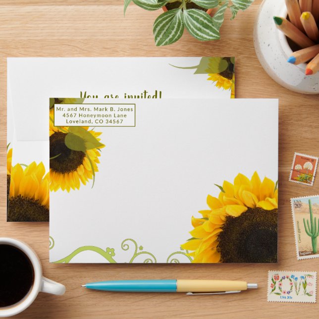 Green and Yellow Floral Swirl Sunflower Wedding Envelope (Desk)