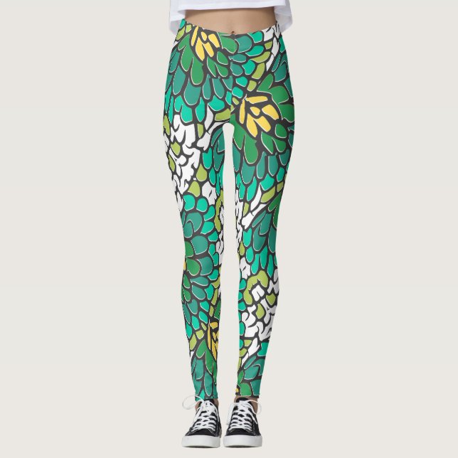 Green and Yellow flowers Leggings (Front)