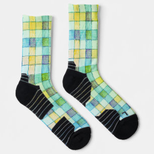 Green and yellow gingham pattern socks