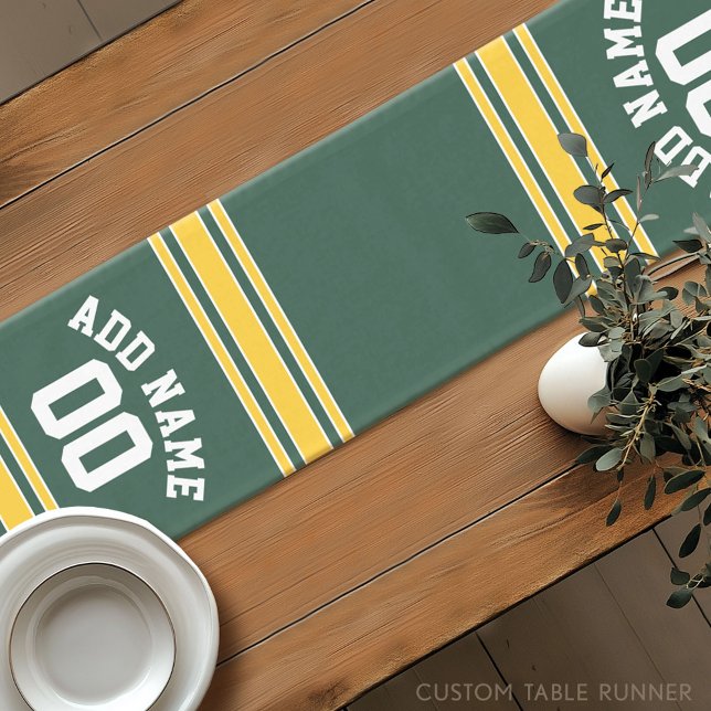 Green and Yellow Gold Striped Personalised Sports Short Table Runner (Custom Table Runner)