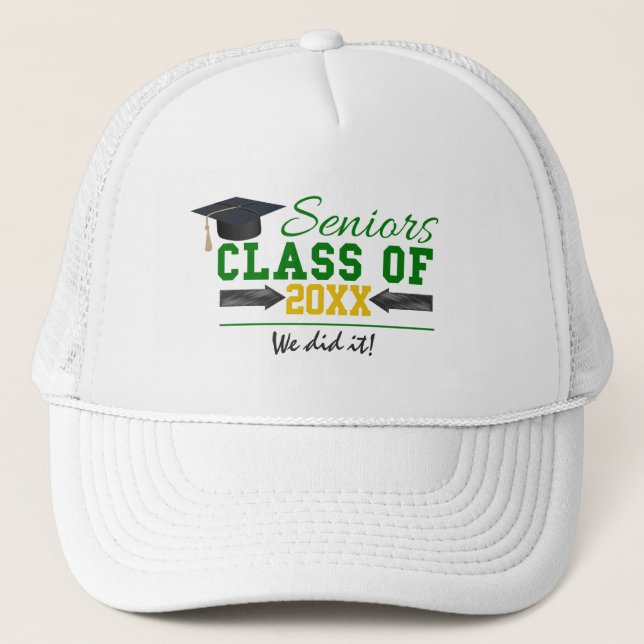 Green and Yellow Graduation Gear Trucker Hat (Front)