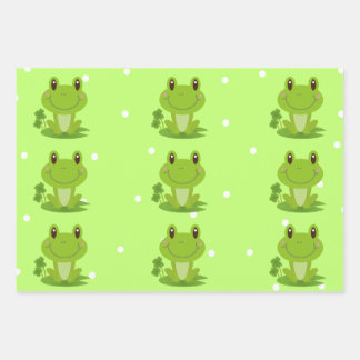 Green And Yellow Happy Frog White Polka Dot  Wrapping Paper Sheet