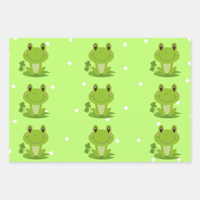 Green And Yellow Happy Frog White Polka Dot  Wrapping Paper Sheet (Front)