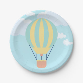Green and Yellow Hot air balloon in the Sky Paper Plate