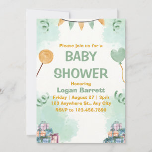 Green and Yellow Illustrative Cute Baby Shower Invitation