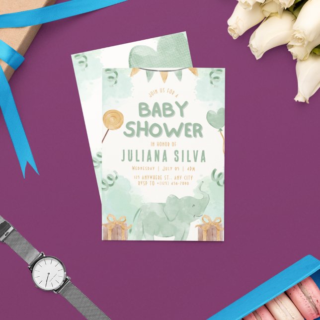 Green and Yellow Illustrative Elephant Baby Shower Invitation (Creator Uploaded)