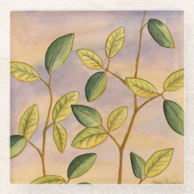 Green and Yellow Leaves on Sunset Background Glass Coaster (Front)