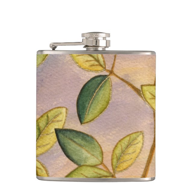 Green and Yellow Leaves on Sunset Background Hip Flask (Front)