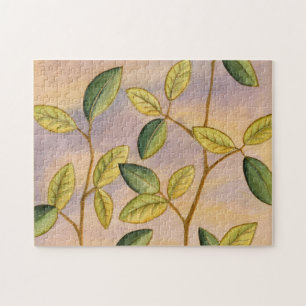 Green and Yellow Leaves on Sunset Background Jigsaw Puzzle