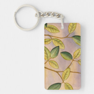 Green and Yellow Leaves on Sunset Background Key Ring