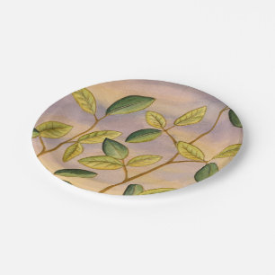 Green and Yellow Leaves on Sunset Background Paper Plate