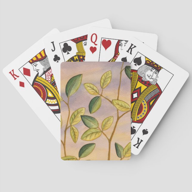 Green and Yellow Leaves on Sunset Background Playing Cards (Back)