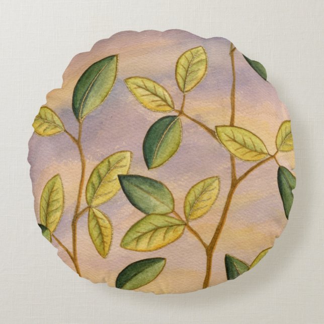 Green and Yellow Leaves on Sunset Background Round Cushion (Front)