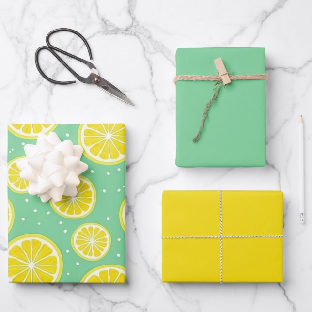 Green and Yellow Lemon Pattern Wrapping Paper Sheet (Front)