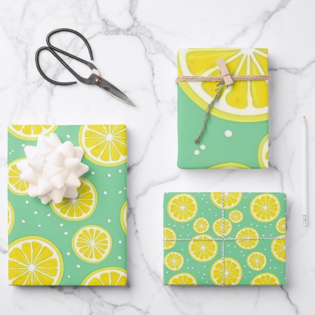 Green and Yellow Lemon Pattern Wrapping Paper Sheet (Front)