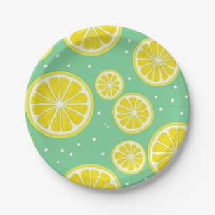 Green and Yellow Lemon Slice Pattern Paper Plate