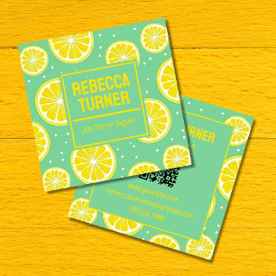 Green and Yellow Lemon Slice Pattern, QR Code Square Business Card
