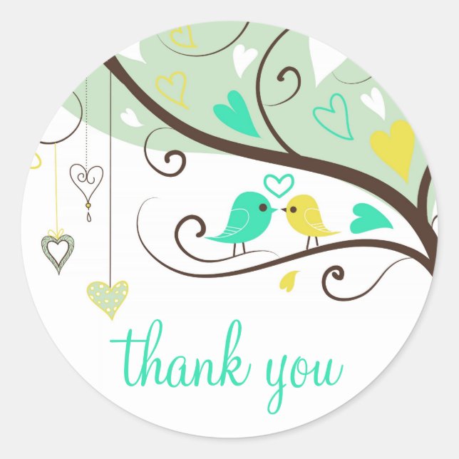 Green and Yellow Love Birds Thank You Sticker (Front)