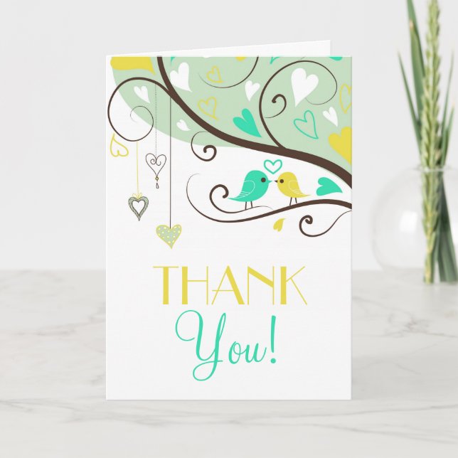 Green and Yellow Love Birds Wedding Thank You Card (Front)