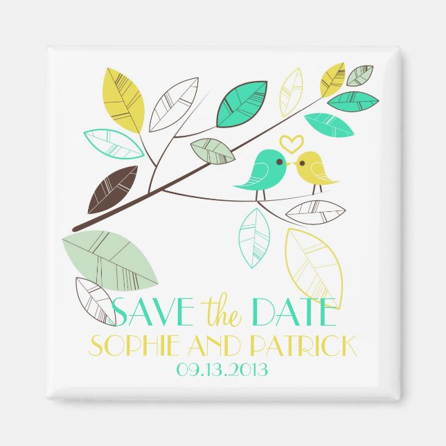 Green and Yellow Lovebirds Save the Date Magnet (Front)