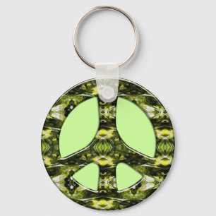 GREEN AND YELLOW MARBLE PEACE SIGN KEY RING
