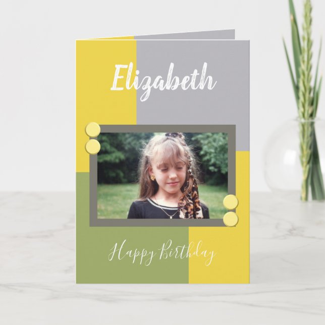 Green and yellow name and photo Happy Birthday Card (Front)