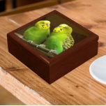 Green and Yellow Parakeets Gift Box<br><div class="desc">For bird lovers! Store trinkets,  jewellery and other small keepsakes in this wooden gift box with ceramic tile featuring a photo image of a pair of brightly coloured,  green and yellow Parakeets,  commonly called Budgies. Select your gift box size and colour.</div>