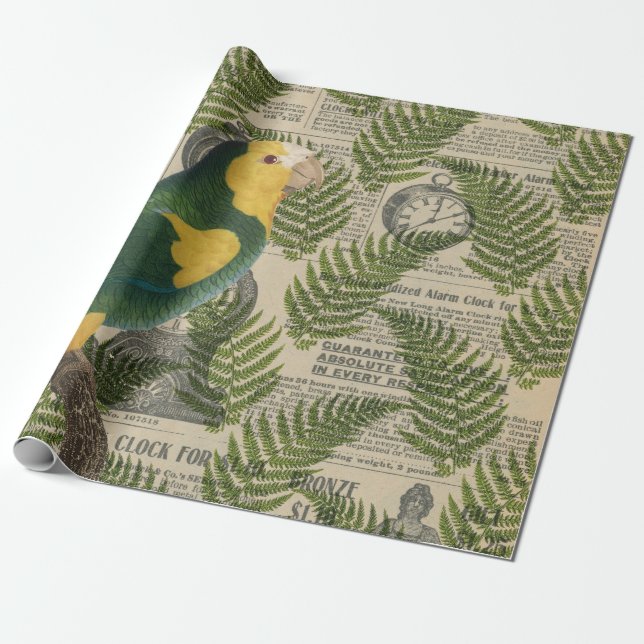 Green and Yellow Parrot on Leaves Wrapping Paper (Unrolled)