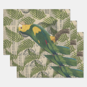 Green and Yellow Parrot on Leaves Wrapping Paper Sheet