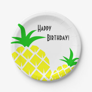 Green and Yellow Pineapples Happy Birthday Paper Plate