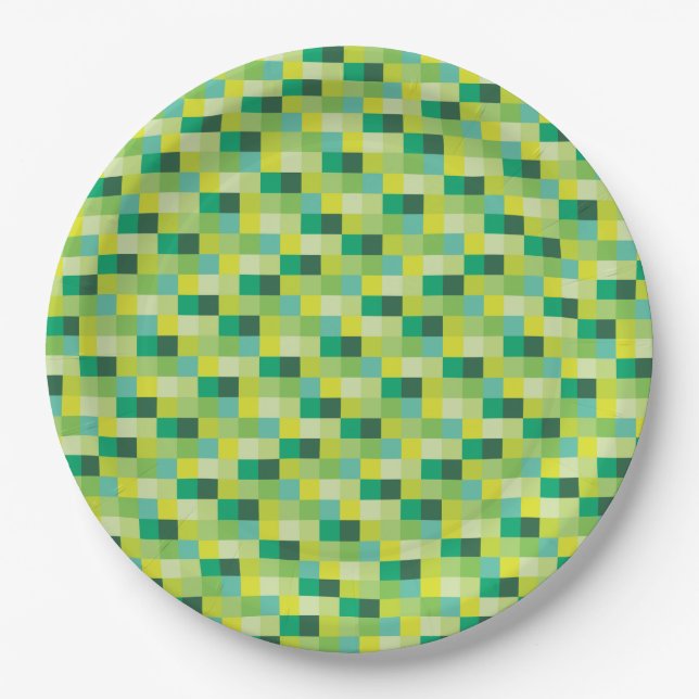 Green and Yellow Pixelated Pattern Paper Plate (Front)