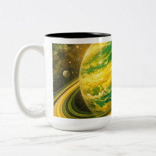Green and Yellow Planet with Rings Two-Tone Coffee Mug