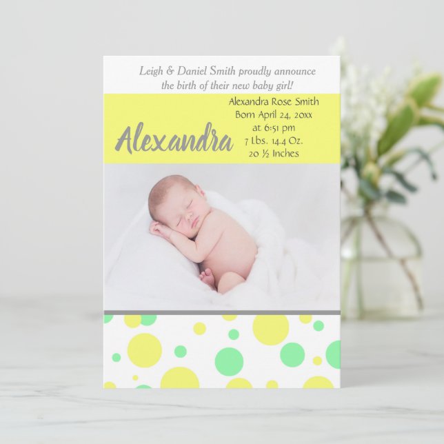 Green and Yellow Polka Dots | Neutral Photo Birth Announcement (Standing Front)