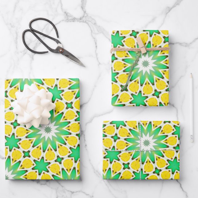 Green and Yellow Star Abstract Wrapping Paper Sheet (Front)