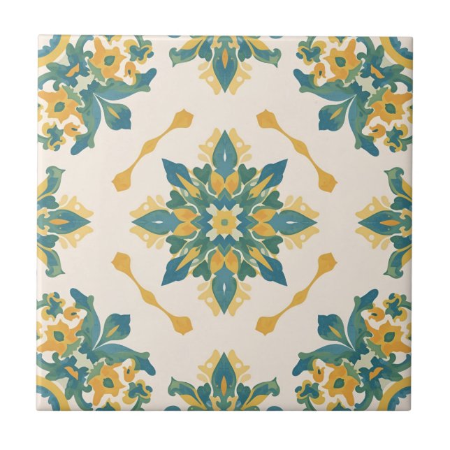 Green and Yellow Starburst Floral Tile (Front)