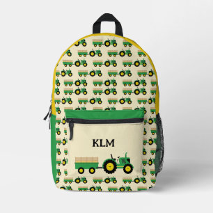 Green and Yellow Tractor Farm Monogram Printed Backpack