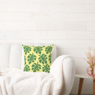 Green and Yellow Tropical Monstera Leaves Pattern  Cushion