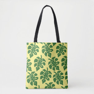Green and Yellow Tropical Monstera Leaves Pattern  Tote Bag