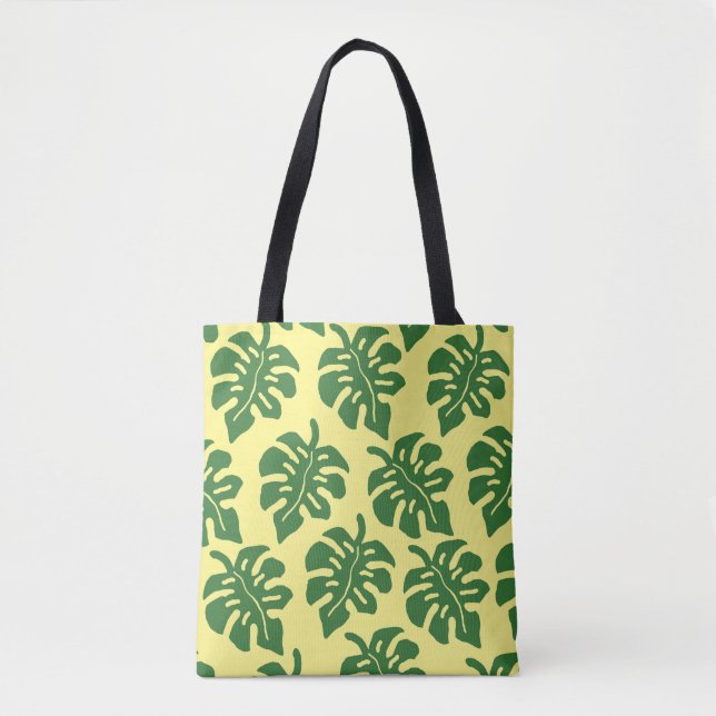 Green and Yellow Tropical Monstera Leaves Pattern  Tote Bag (Front)