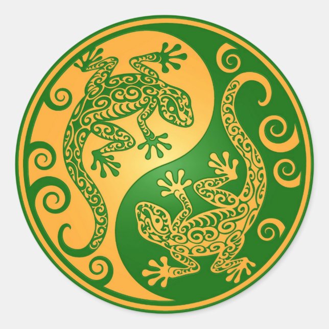 Green and Yellow Yin Yang Geckos Classic Round Sticker (Front)