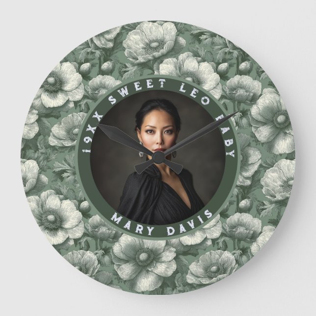 Green Anemones Flower 60Th Birthday Personalised Large Clock (Front)