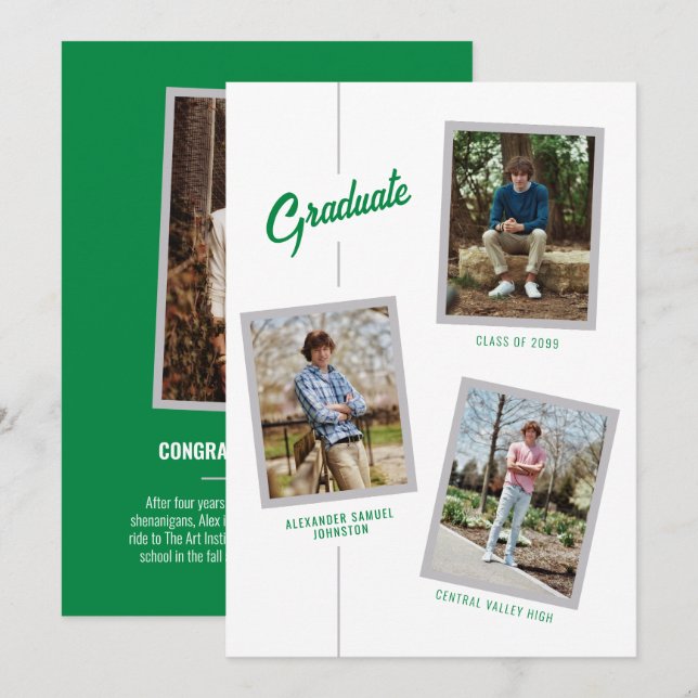 Green Angled Four-Photo Graduation Announcement (Front/Back)